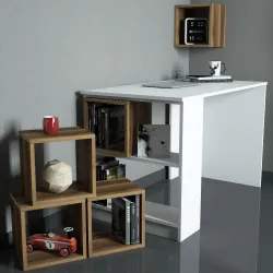 Box Çalışma Masası və Kitab Rəfi Dəsti - Ağ/Cəviz - 3