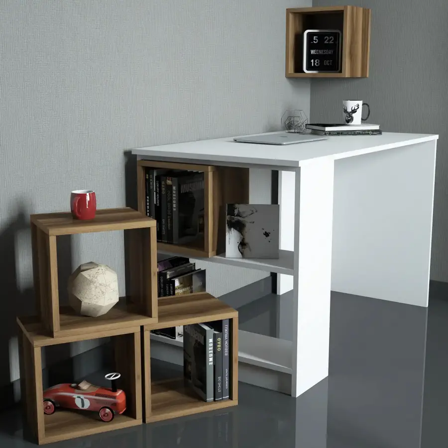 Box Çalışma Masası və Kitab Rəfi Dəsti - Ağ/Cəviz - 3