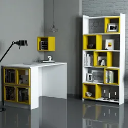 Box Çalışma Masası və Kitab Rəfi Dəsti - Ağ/Sarı - 1