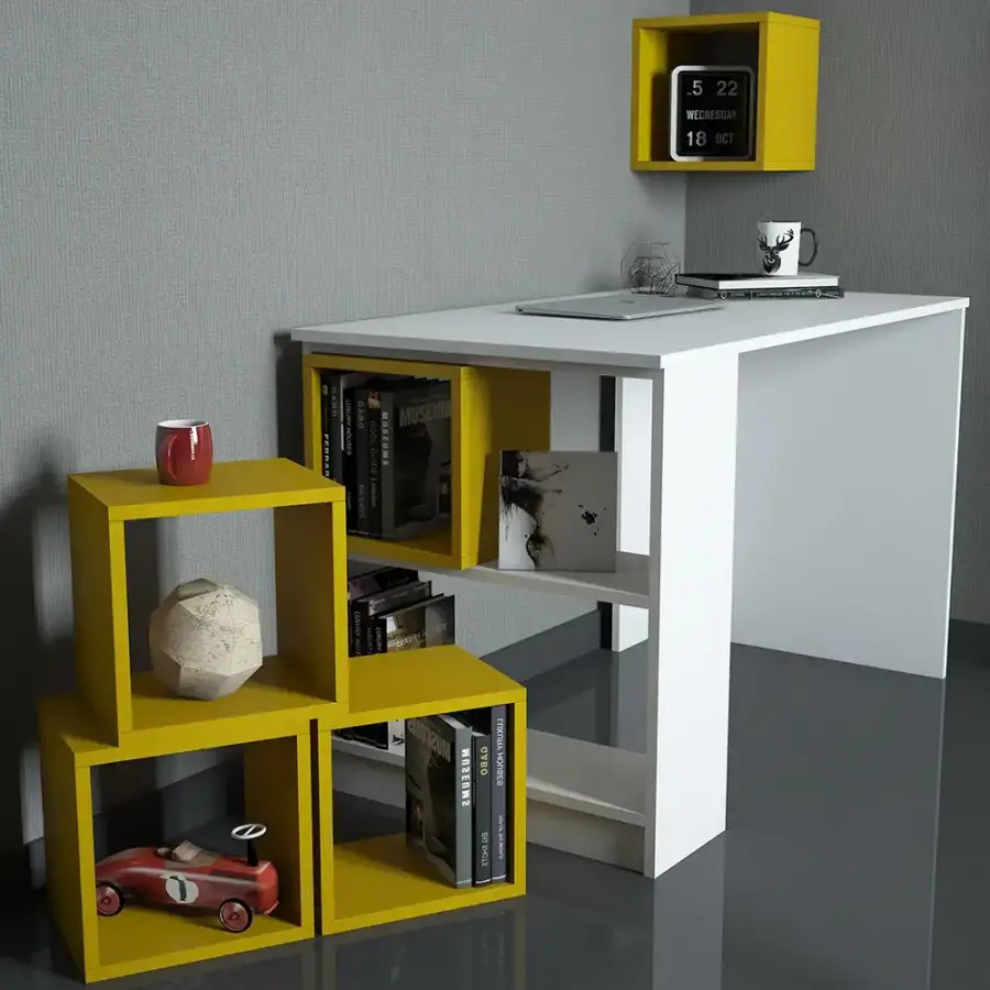 Box Çalışma Masası və Kitab Rəfi Dəsti - Ağ/Sarı - 3