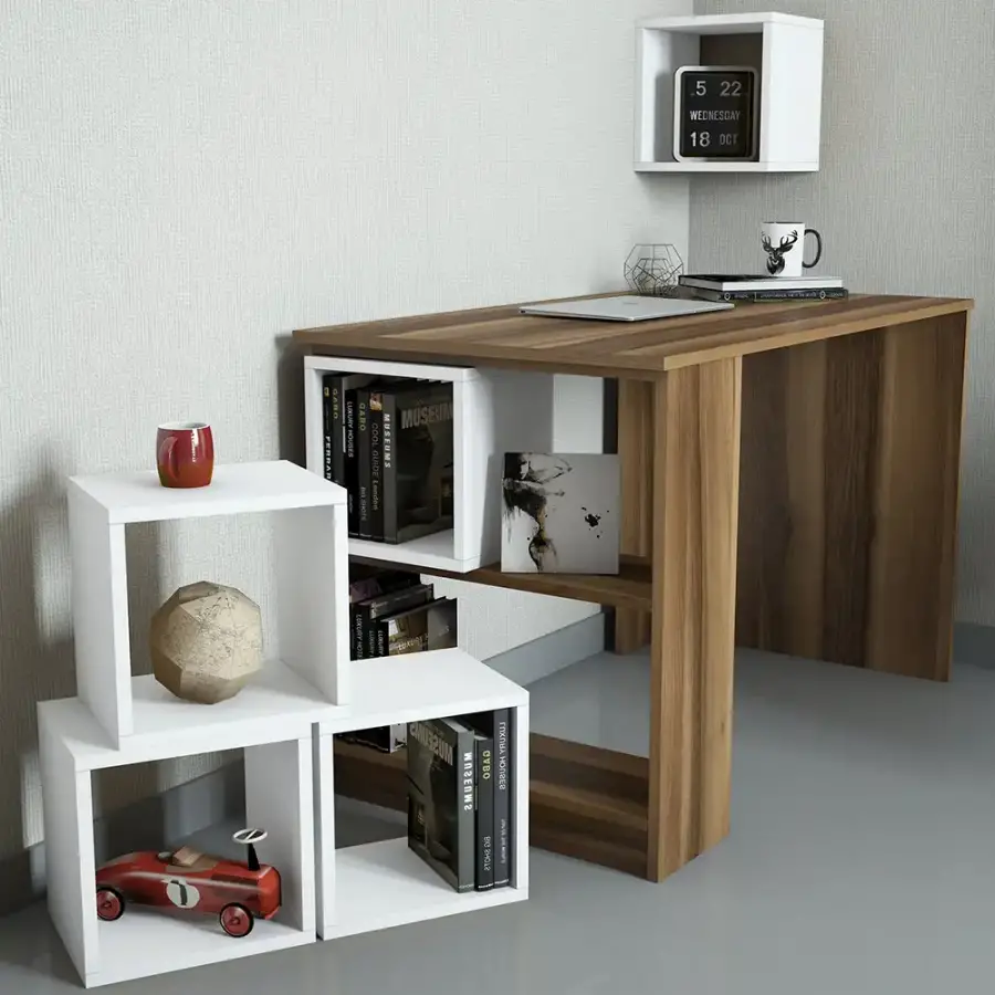 Box Çalışma Masası və Kitab Rəfi Dəsti - Cəviz/Ağ - 4
