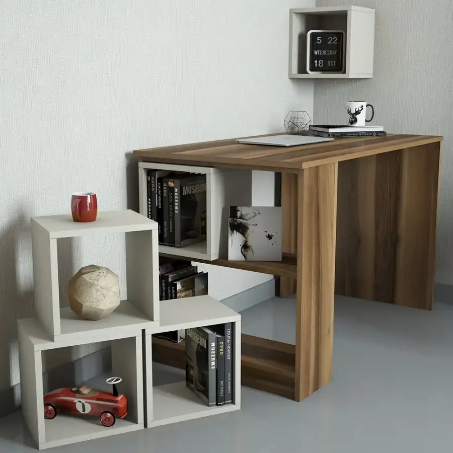 Box Çalışma Masası və Kitab Rəfi Dəsti - Cəviz/Krem - 4