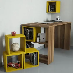 Box Çalışma Masası və Kitab Rəfi Dəsti - Cəviz/Sarı - 3