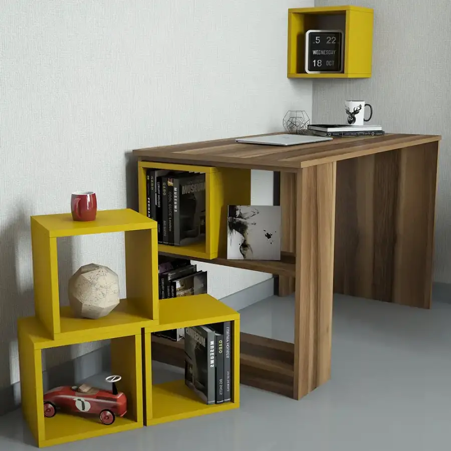 Box Çalışma Masası və Kitab Rəfi Dəsti - Cəviz/Sarı - 3